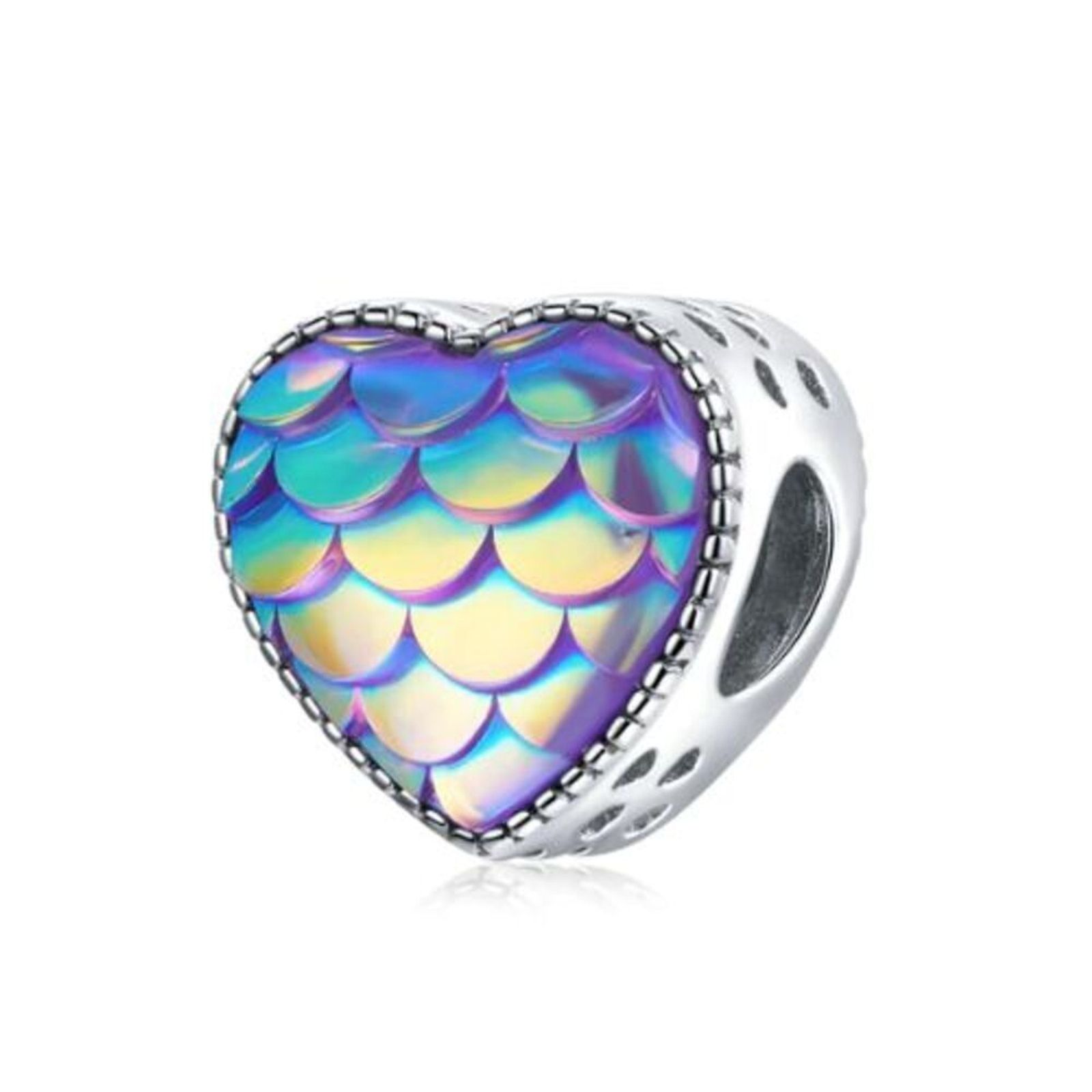 Sterling Silver Charm Heart Bead Iridescent Multicolor Mermaid Fish Scales